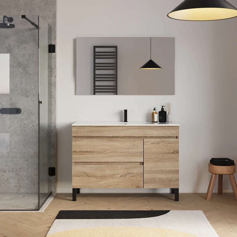 Meuble de salle de bain 120cm simple vasque sur pieds avec porte et tiroirs - sans miroir - LAZARO