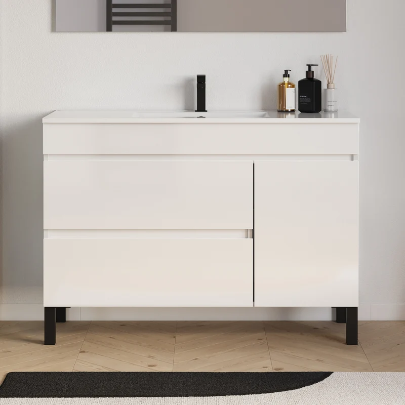 Meuble de salle de bain 120cm simple vasque sur pieds avec porte et tiroirs - sans miroir - LAZARO