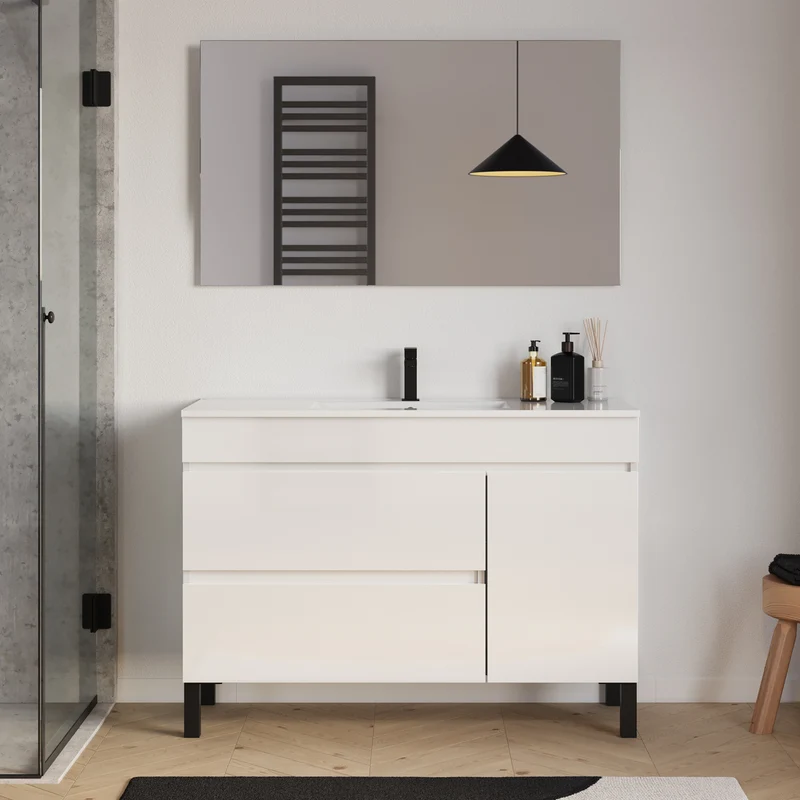 Meuble de salle de bain 120cm simple vasque sur pieds avec porte et tiroirs - sans miroir - LAZARO