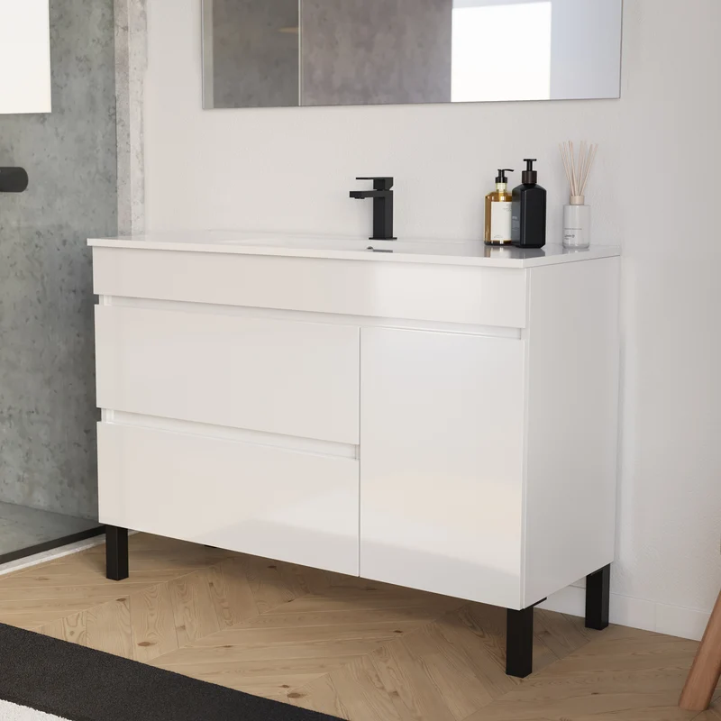 Meuble de salle de bain 120cm simple vasque sur pieds avec porte et tiroirs - sans miroir - LAZARO