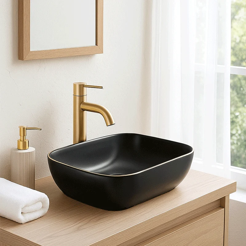 Lavabo negro mate borde dorado sobre encimera cerámico CUARTO 45,5 x 32,5 cm