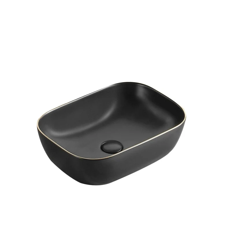 Lavabo negro mate borde dorado sobre encimera cerámico CUARTO 45,5 x 32,5 cm