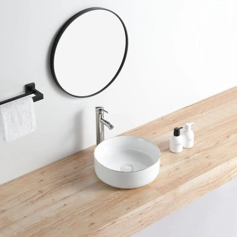 Lavabo blanco mate borde dorado sobre encimera cerámico MENDOZA Ø 36 cm