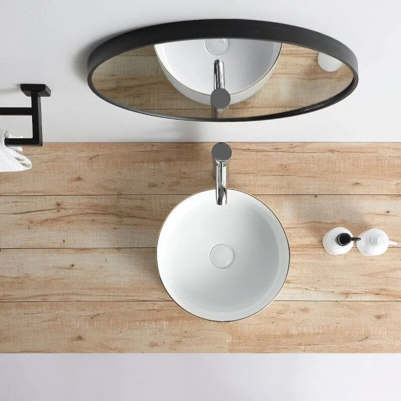 Lavabo blanco mate borde dorado sobre encimera cerámico MENDOZA Ø 36 cm