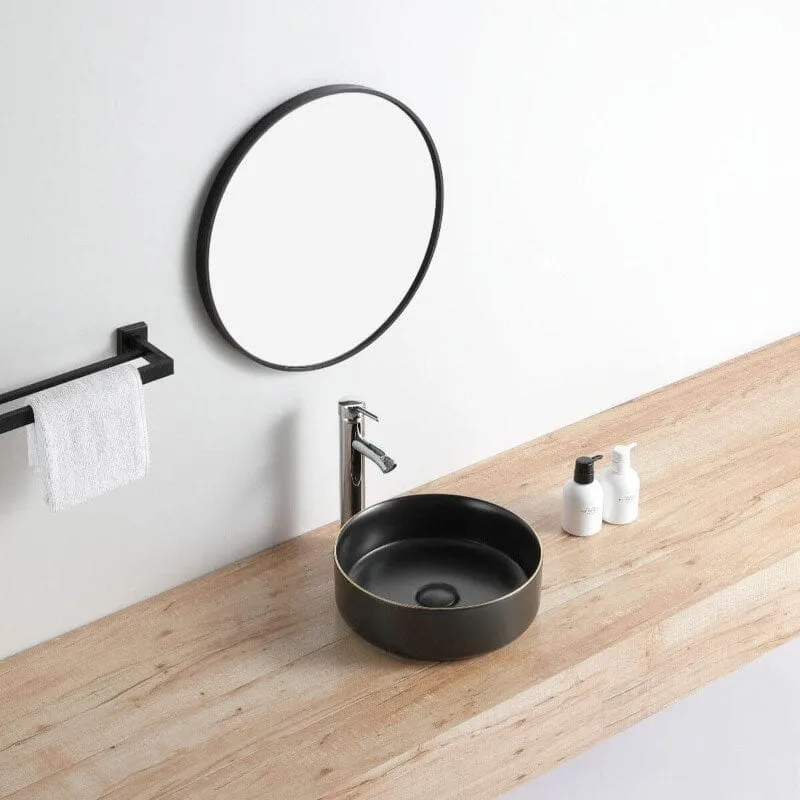 Lavabo negro mate borde dorado sobre encimera cerámico MENDOZA Ø 36 cm