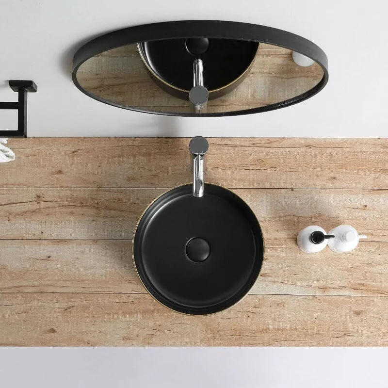 Lavabo negro mate borde dorado sobre encimera cerámico MENDOZA Ø 36 cm