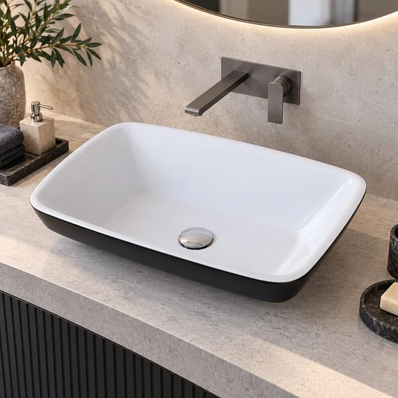 Lavabo sobre encimera Blanco y Negro brillante ovalado SIENA de mármol cultivado