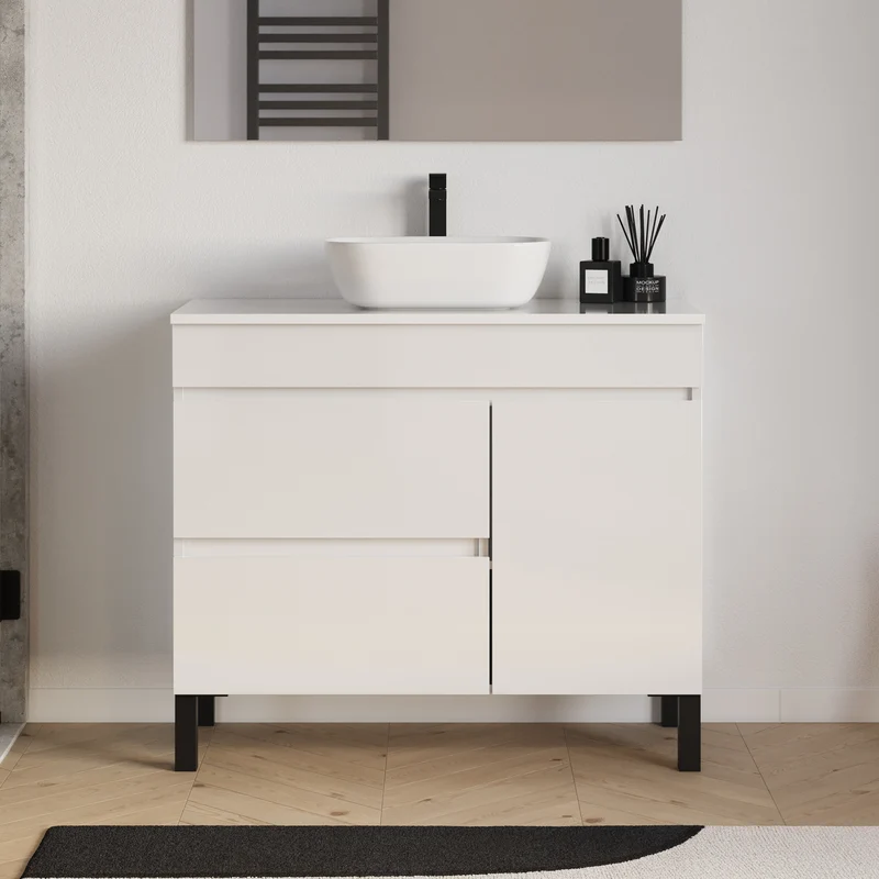 Meuble de salle de bain 100cm avec plateau et vasque à poser arrondie - porte et tiroirs - sans miroir - LAZARO