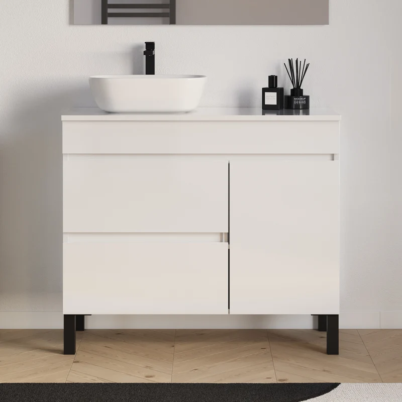 Meuble de salle de bain 100cm avec plateau et vasque à poser arrondie - porte et tiroirs - LAZARO