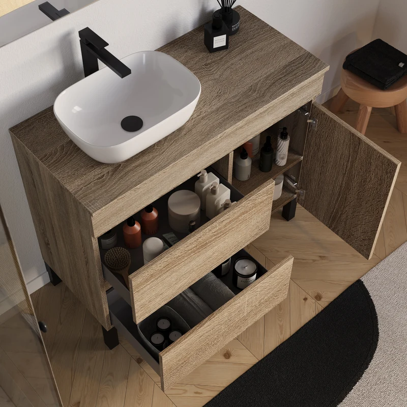 Meuble de salle de bain 100cm avec plateau et vasque à poser arrondie - porte et tiroirs - LAZARO