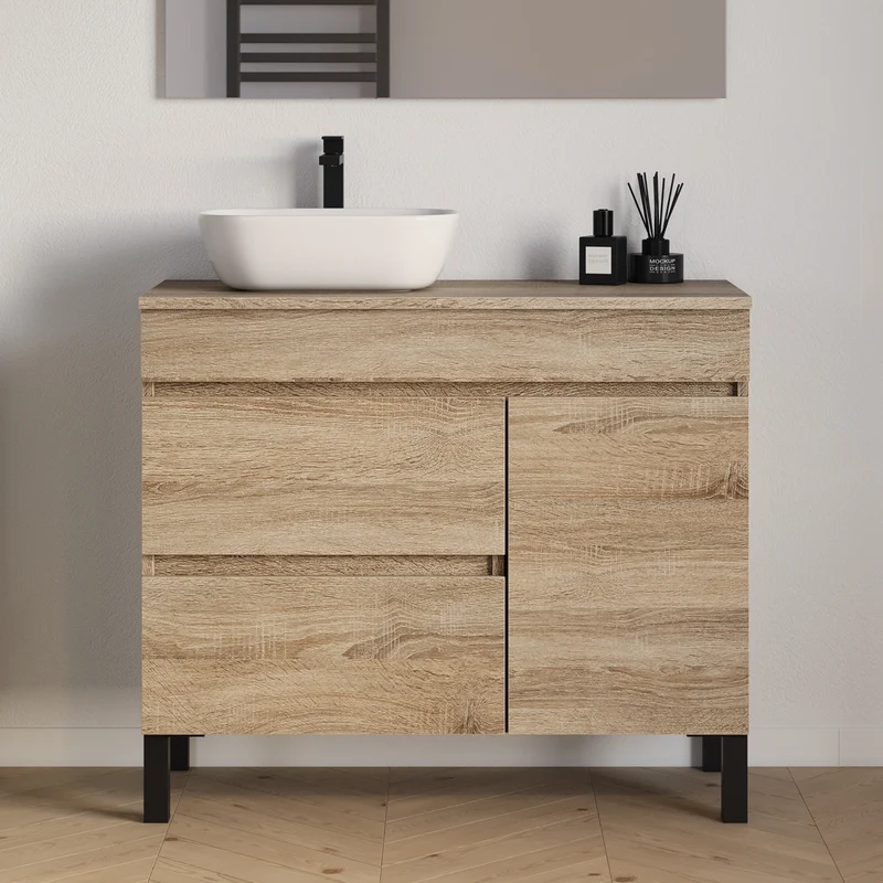 Meuble de salle de bain 100cm avec plateau et vasque à poser arrondie - porte et tiroirs - LAZARO