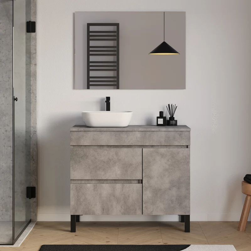 Meuble de salle de bain 100cm avec plateau et vasque à poser arrondie - porte et tiroirs - LAZARO