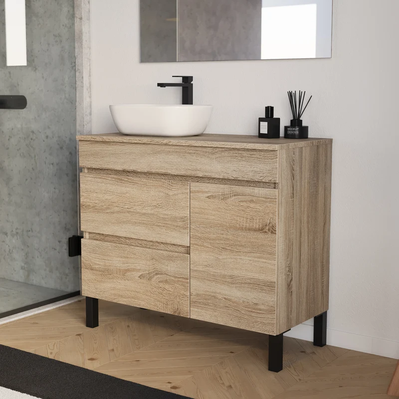 Meuble de salle de bain 100cm avec plateau et vasque à poser arrondie - porte et tiroirs - LAZARO