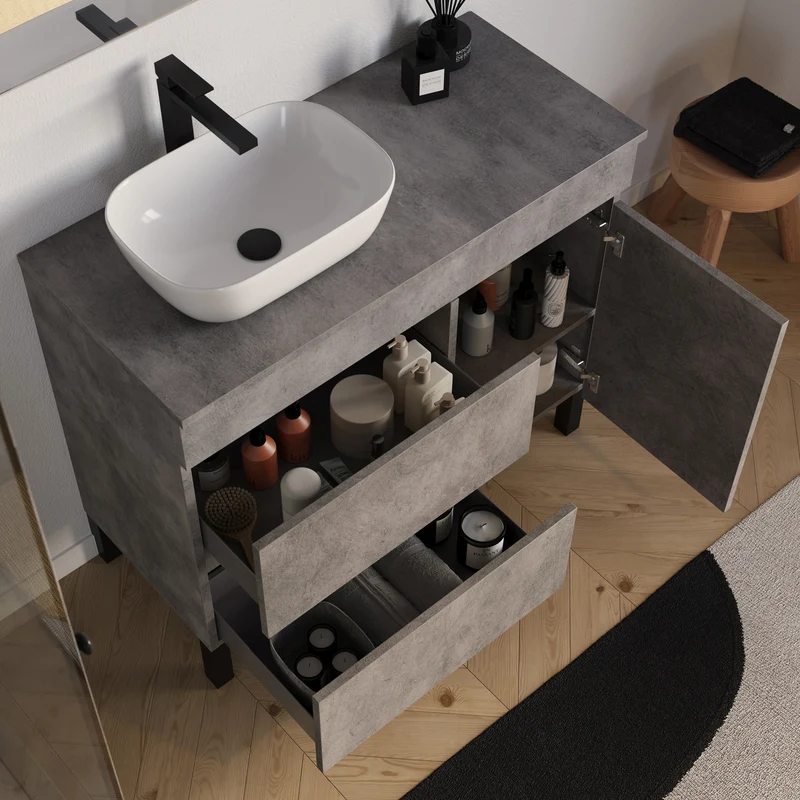 Meuble de salle de bain 100cm avec plateau et vasque à poser arrondie - porte et tiroirs - LAZARO