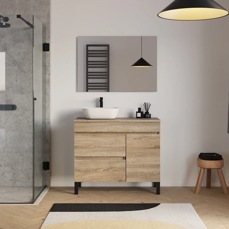 Meuble de salle de bain 100cm avec plateau et vasque à poser arrondie - porte et tiroirs - LAZARO