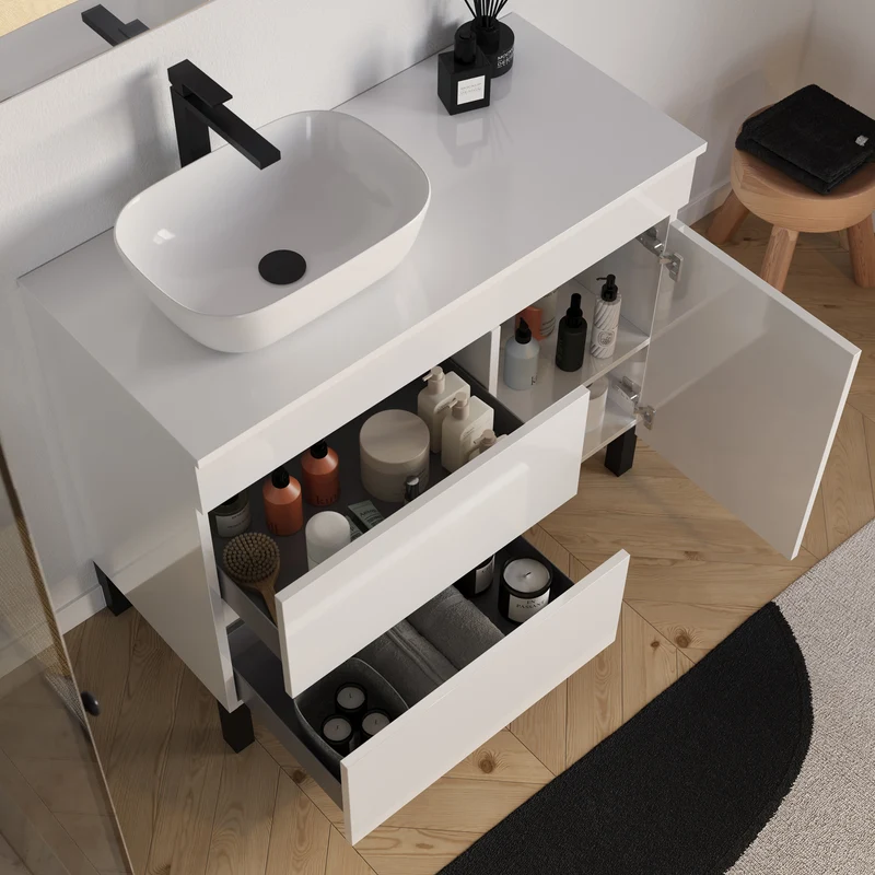 Meuble de salle de bain 100cm avec plateau et vasque à poser arrondie - porte et tiroirs - LAZARO