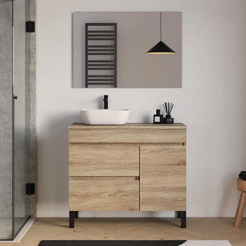 Meuble de salle de bain 100cm avec plateau et vasque à poser arrondie - porte et tiroirs - LAZARO