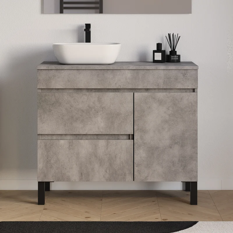 Meuble de salle de bain 100cm avec plateau et vasque à poser arrondie - porte et tiroirs - LAZARO