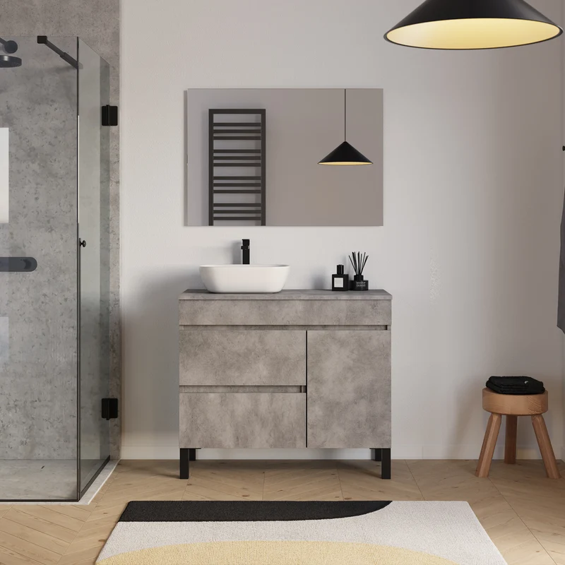 Meuble de salle de bain 100cm avec plateau et vasque à poser arrondie - porte et tiroirs - LAZARO
