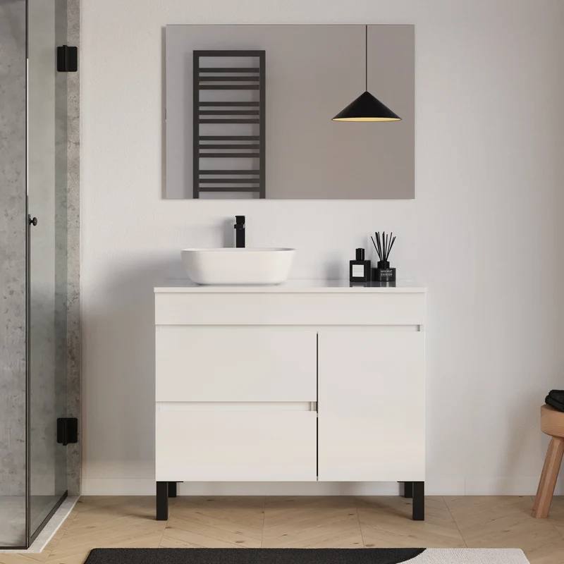 Meuble de salle de bain 100cm avec plateau et vasque à poser arrondie - porte et tiroirs - LAZARO