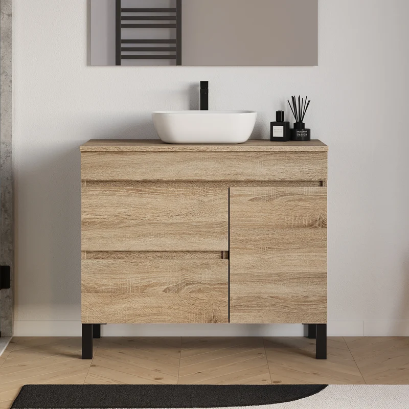 Meuble de salle de bain 100cm avec plateau et vasque à poser arrondie - porte et tiroirs - sans miroir - LAZARO