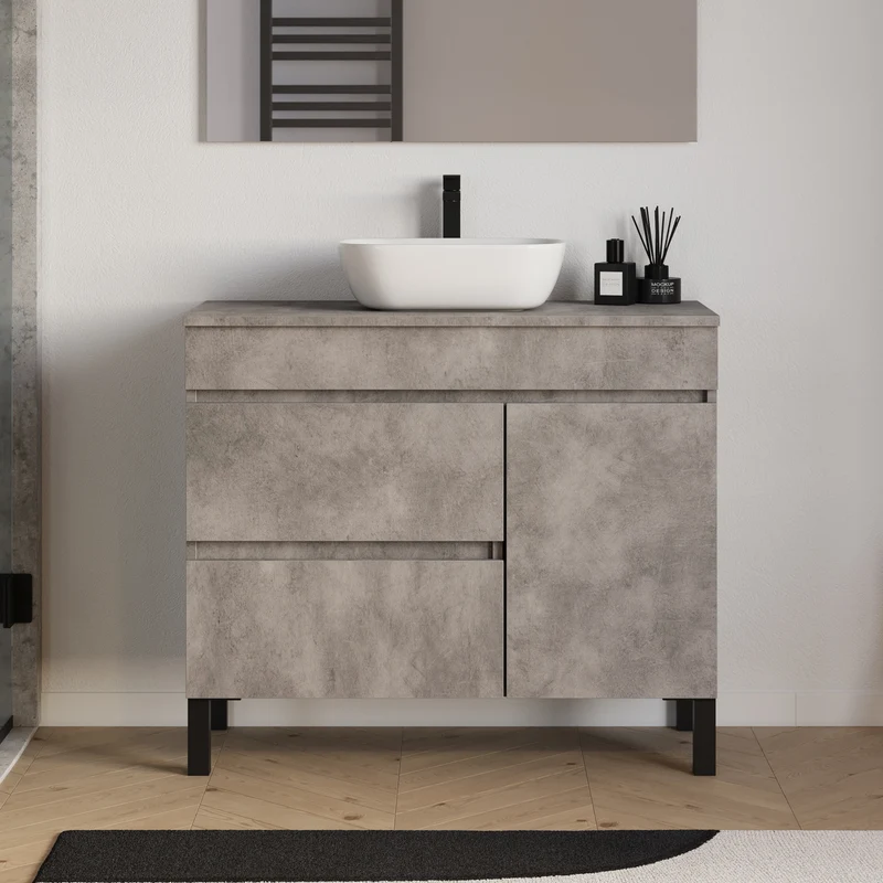 Meuble de salle de bain 100cm avec plateau et vasque à poser arrondie - porte et tiroirs - sans miroir - LAZARO