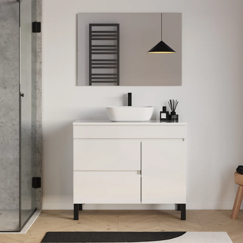 Meuble de salle de bain 100cm avec plateau et vasque à poser arrondie - porte et tiroirs - LAZARO