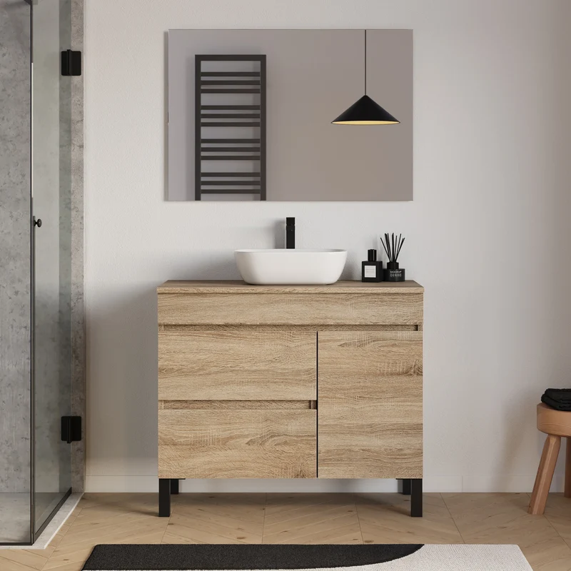 Meuble de salle de bain 100cm avec plateau et vasque à poser arrondie - porte et tiroirs - LAZARO