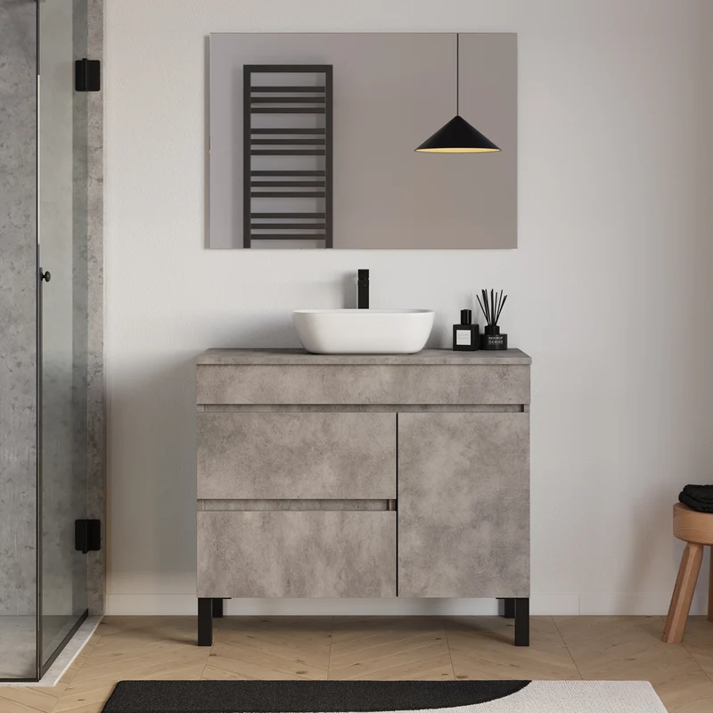 Meuble de salle de bain 100cm avec plateau et vasque à poser arrondie - porte et tiroirs - LAZARO