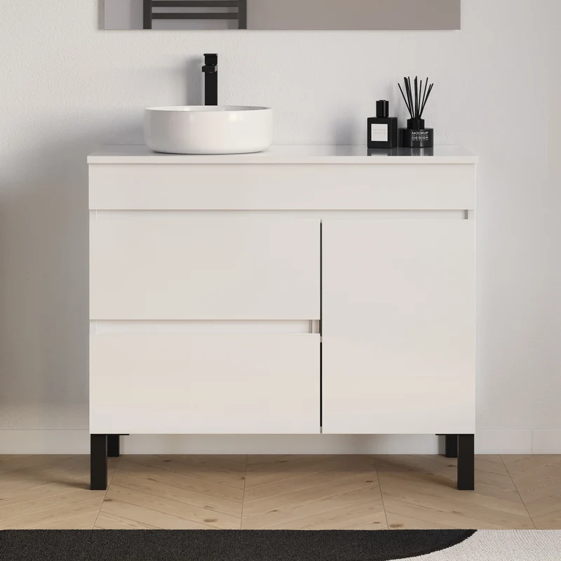 Meuble de salle de bain 90cm avec plateau et vasque à poser ronde - porte et tiroirs - sans miroir - LAZARO