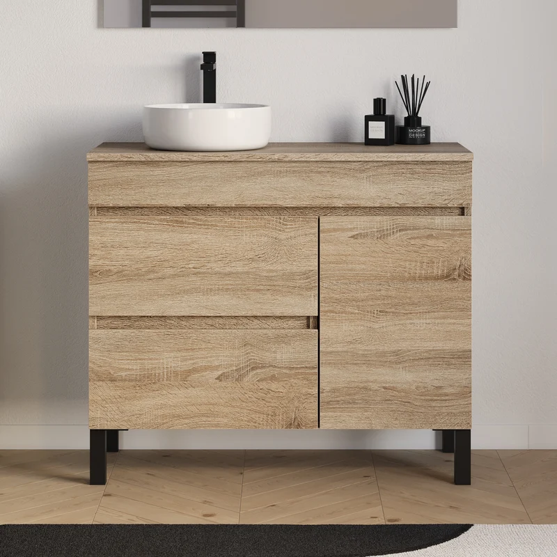Meuble de salle de bain 90cm avec plateau et vasque à poser ronde - porte et tiroirs - sans miroir - LAZARO