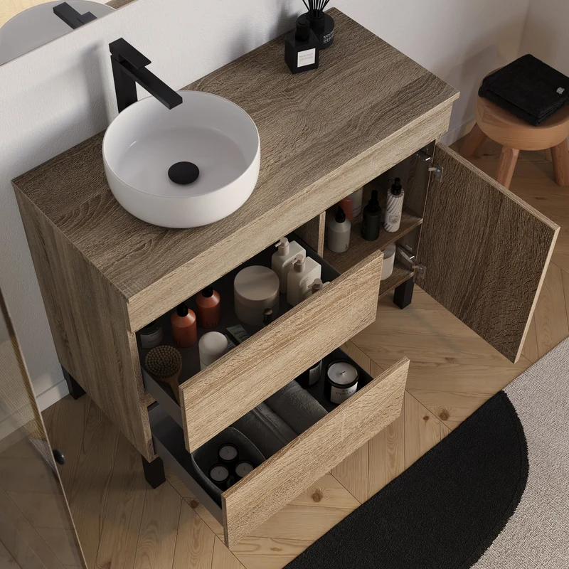 Meuble de salle de bain 90cm avec plateau et vasque à poser ronde - porte et tiroirs - sans miroir - LAZARO