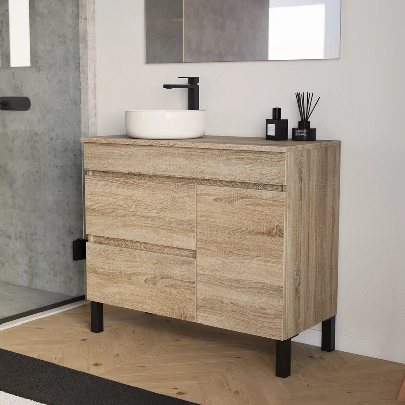Meuble de salle de bain 90cm avec plateau et vasque à poser ronde - porte et tiroirs - sans miroir - LAZARO