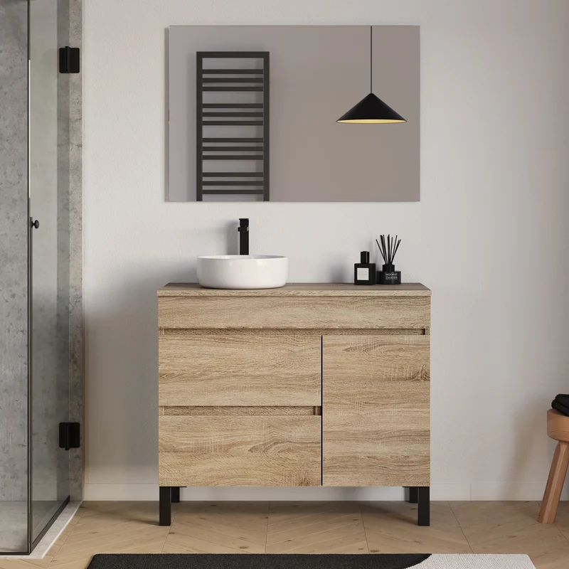 Meuble de salle de bain 90cm avec plateau et vasque à poser ronde - porte et tiroirs - sans miroir - LAZARO