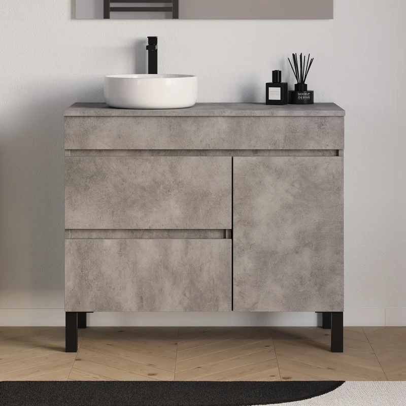 Meuble de salle de bain 90cm avec plateau et vasque à poser ronde - porte et tiroirs - sans miroir - LAZARO