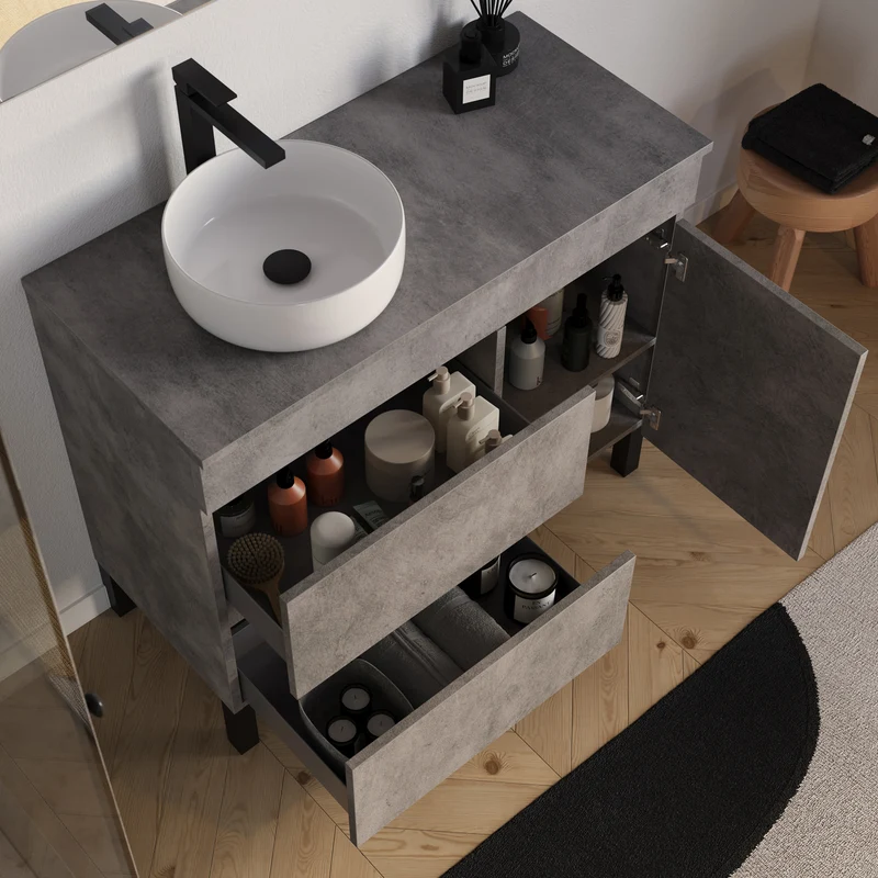 Meuble de salle de bain 90cm avec plateau et vasque à poser ronde - porte et tiroirs - sans miroir - LAZARO