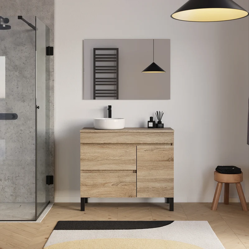 Meuble de salle de bain 90cm avec plateau et vasque à poser ronde - porte et tiroirs - sans miroir - LAZARO