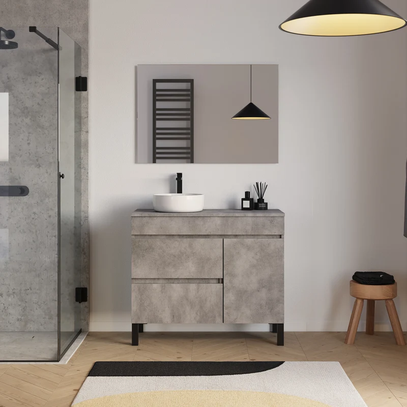 Meuble de salle de bain 90cm avec plateau et vasque à poser ronde - porte et tiroirs - sans miroir - LAZARO