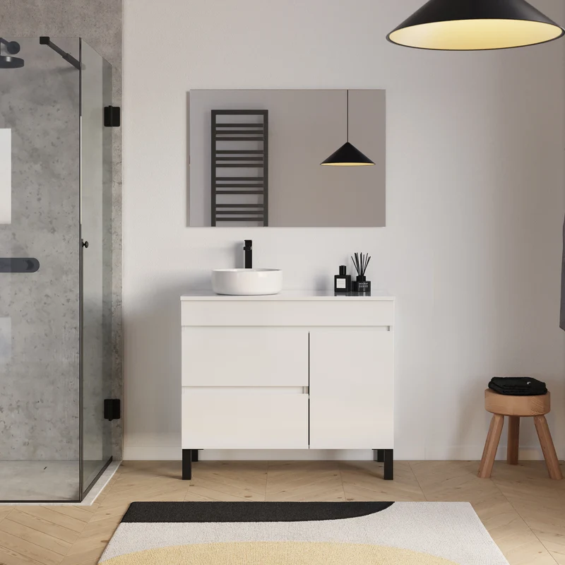 Meuble de salle de bain 90cm avec plateau et vasque à poser ronde - porte et tiroirs - sans miroir - LAZARO