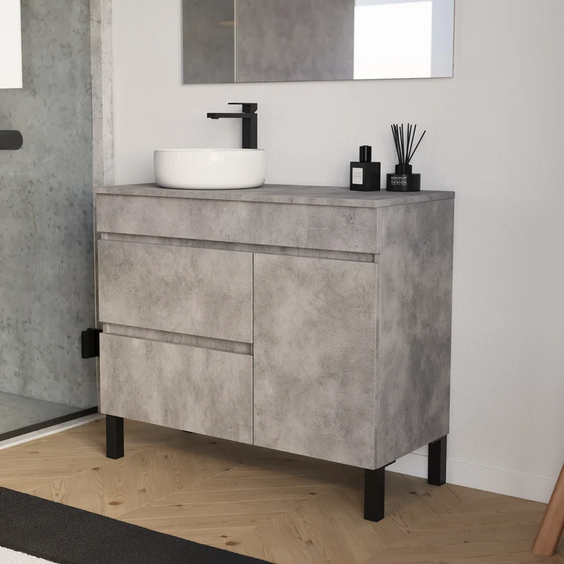 Meuble de salle de bain 90cm avec plateau et vasque à poser ronde - porte et tiroirs - sans miroir - LAZARO