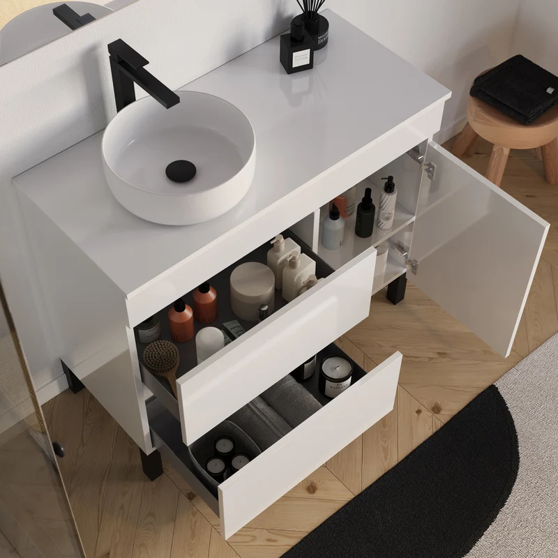 Meuble de salle de bain 90cm avec plateau et vasque à poser ronde - porte et tiroirs - sans miroir - LAZARO