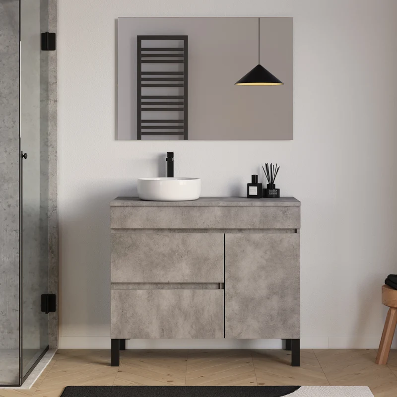 Meuble de salle de bain 90cm avec plateau et vasque à poser ronde - porte et tiroirs - sans miroir - LAZARO