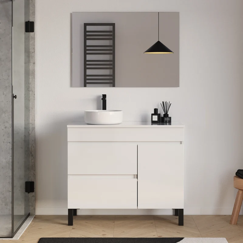 Meuble de salle de bain 90cm avec plateau et vasque à poser ronde - porte et tiroirs - sans miroir - LAZARO