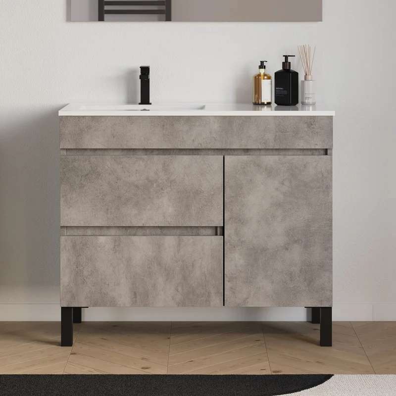 Meuble de salle de bain 90cm avec plateau et vasque à poser ronde - porte et tiroirs - sans miroir - LAZARO