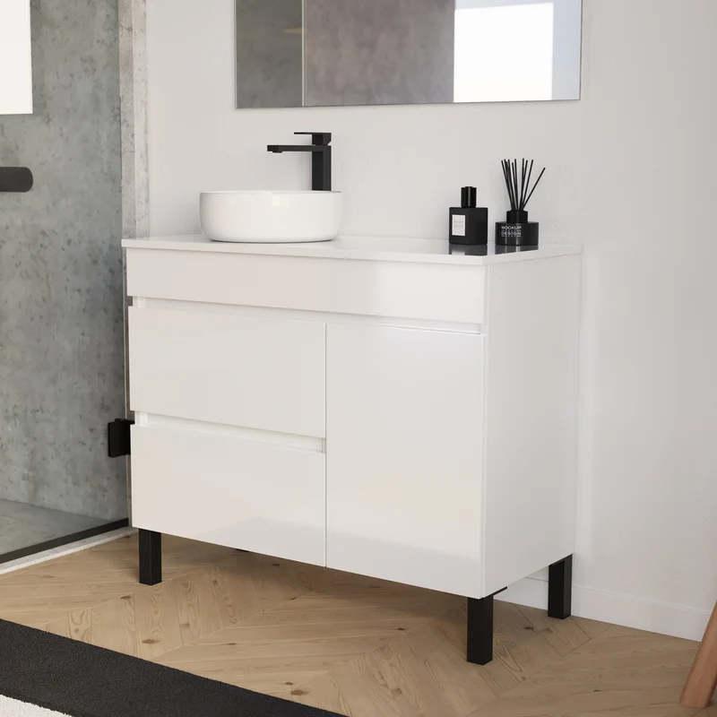 Meuble de salle de bain 90cm avec plateau et vasque à poser ronde - porte et tiroirs - sans miroir - LAZARO