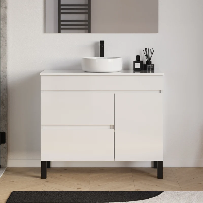 Meuble de salle de bain 90cm avec plateau et vasque à poser ronde - porte et tiroirs - sans miroir - LAZARO
