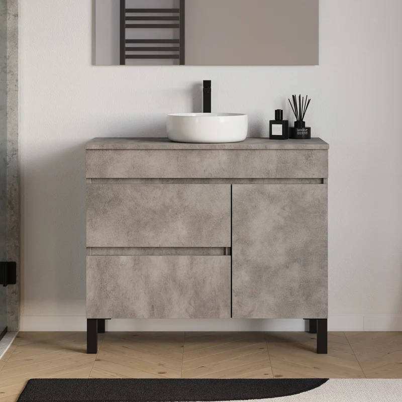 Meuble de salle de bain 90cm avec plateau et vasque à poser ronde - porte et tiroirs - sans miroir - LAZARO