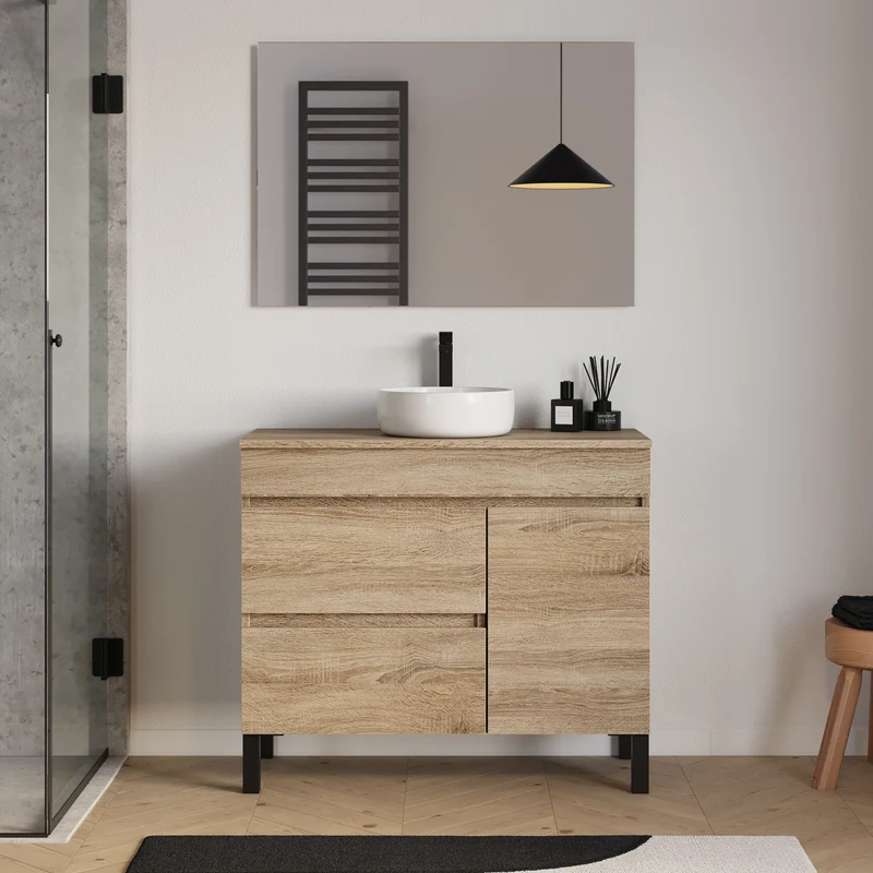 Meuble de salle de bain 100cm avec plateau et vasque à poser ronde - porte et tiroirs - LAZARO