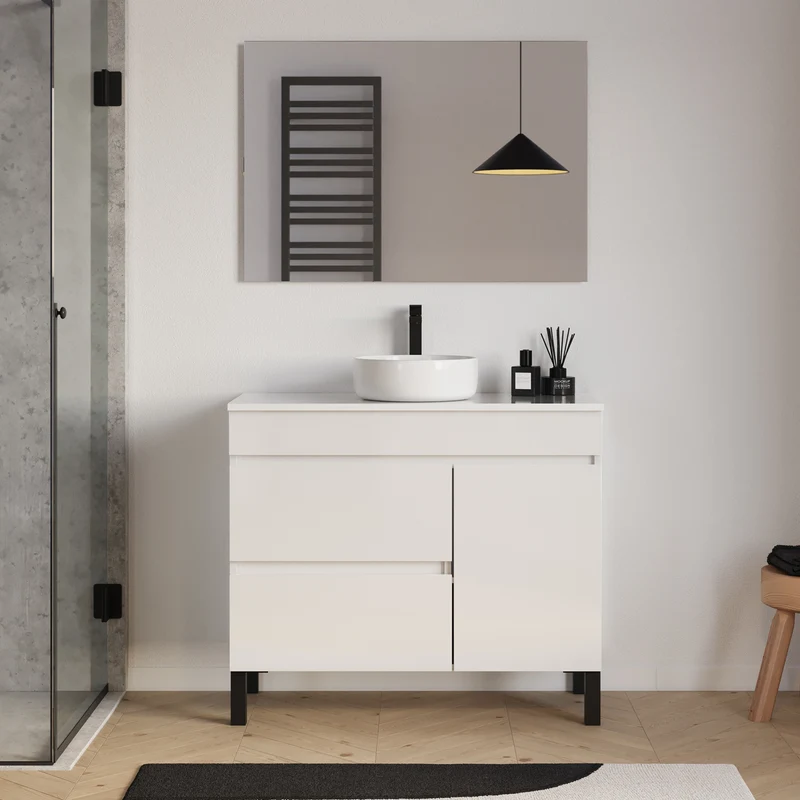 Meuble de salle de bain 100cm avec plateau et vasque à poser ronde - porte et tiroirs - LAZARO