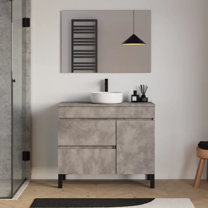Meuble de salle de bain 100cm avec plateau et vasque à poser ronde - porte et tiroirs - LAZARO